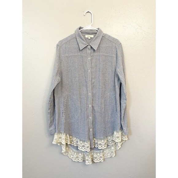 UMGEE Tops - Umgee Blue Striped Tunic with Cream Lace Hem